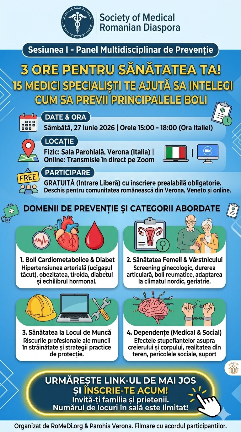 15 rumänische Ärzte aus 5 Ländern vereinen sich für die Gesundheit der Diaspora: Kostenlose Online- und physische medizinische Veranstaltung in Verona 15 rumänische Ärzte aus 5 Ländern vereinen sich für die Gesundheit der Diaspora: Kostenlose Online- und physische medizinische Veranstaltung in Verona